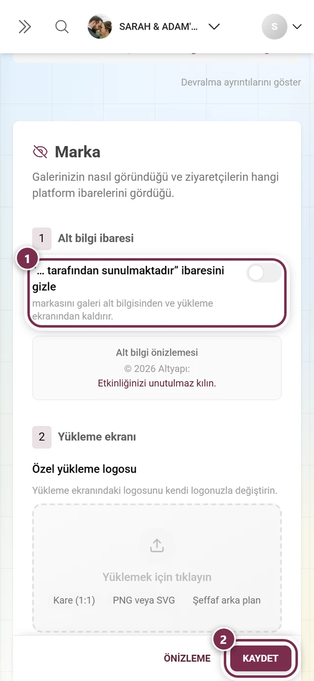 Anahtarı ve kaydetme çubuğu işaretlenmiş Alt bilgi atfı bölümü