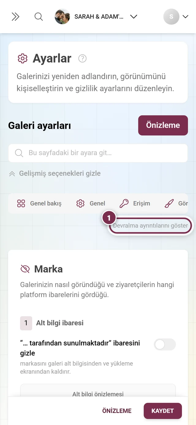 Devralma ayrıntıları anahtarı vurgulanmış White-Label sekmesi