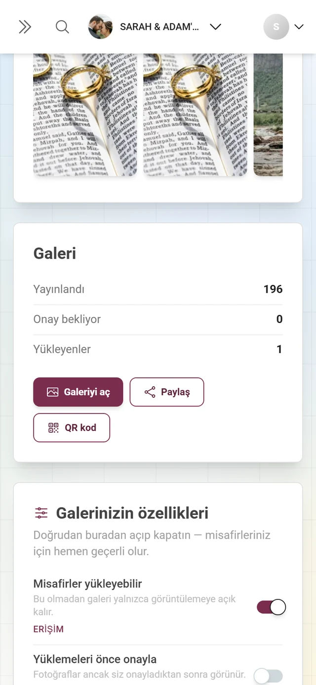 Sayılar ile Galeriyi aç, Paylaş, QR kod düğmelerinin yer aldığı “Galeri” kartı