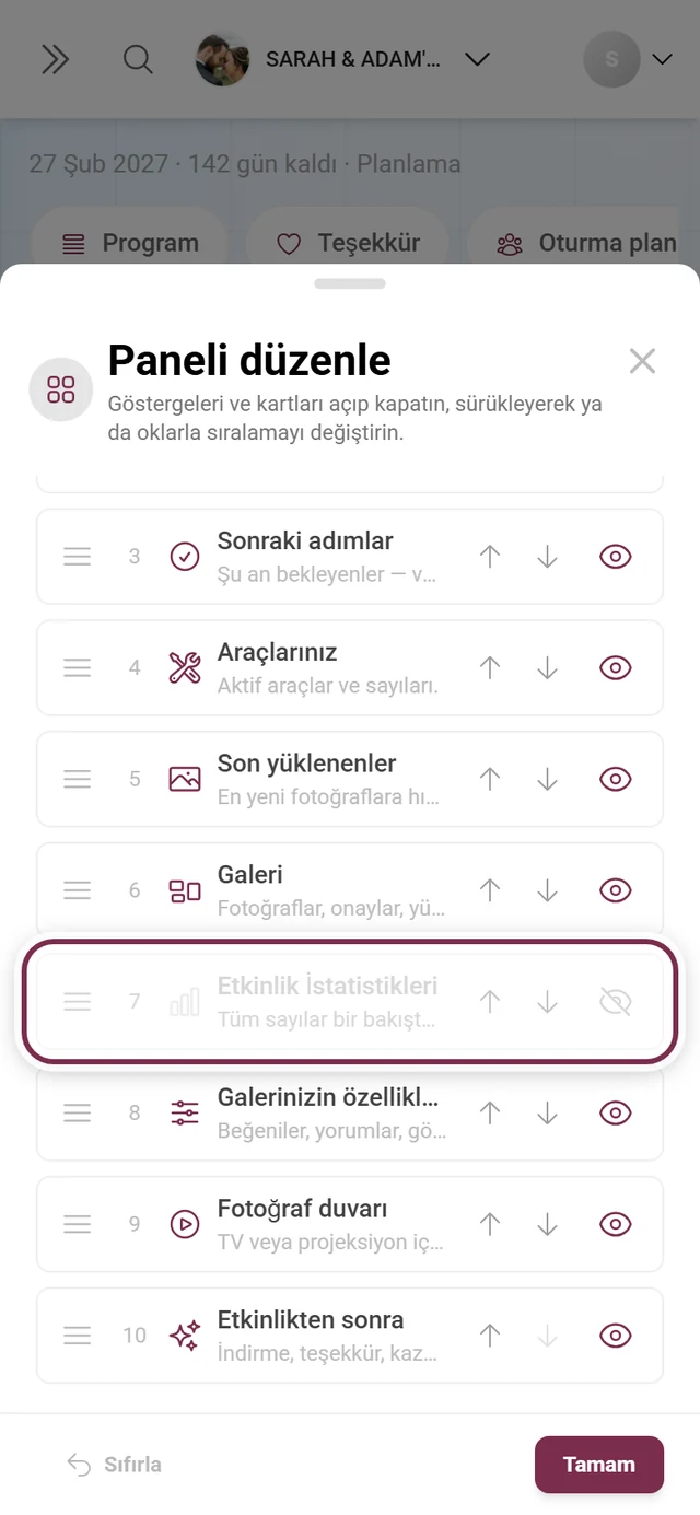 Etkinlik istatistikleri kartı işaretlenmiş Panoyu düzenle iletişim kutusu