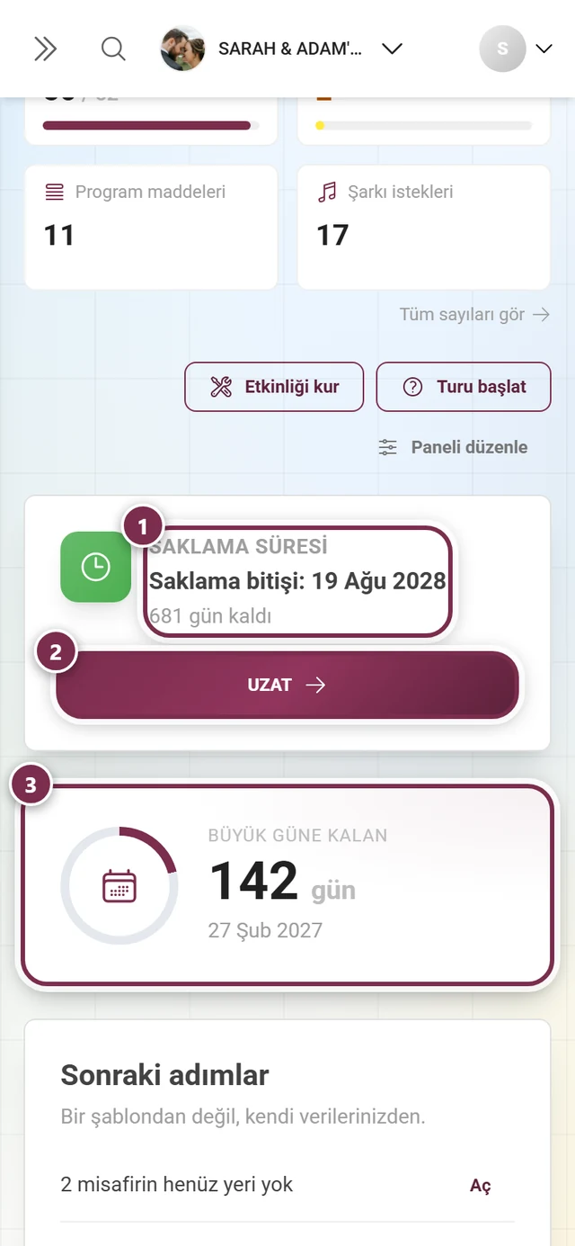 Kontrol panelinde Saklama süresi ve Geri sayım kartları