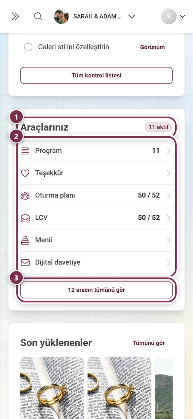 Etkin araçlar ve sayılarıyla Araçlarınız pano kartı