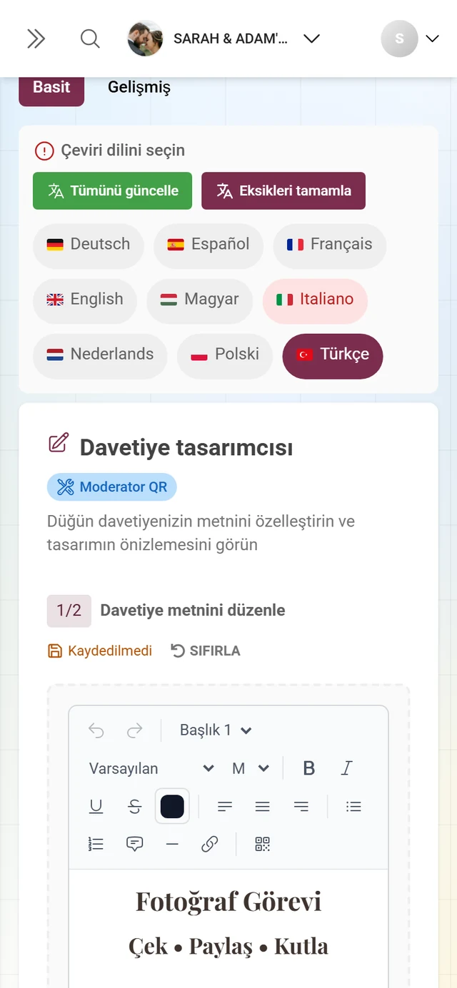 Metin ekleme ve davetiye tasarlama araç çubuğuyla hızlı şablon düzenleyicisi