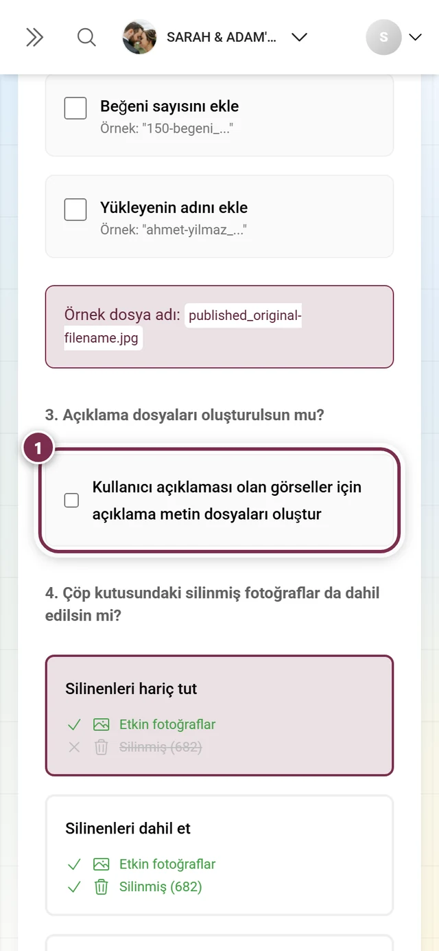 Açıklama metin dosyaları onay kutusuyla adım 3, işaretli