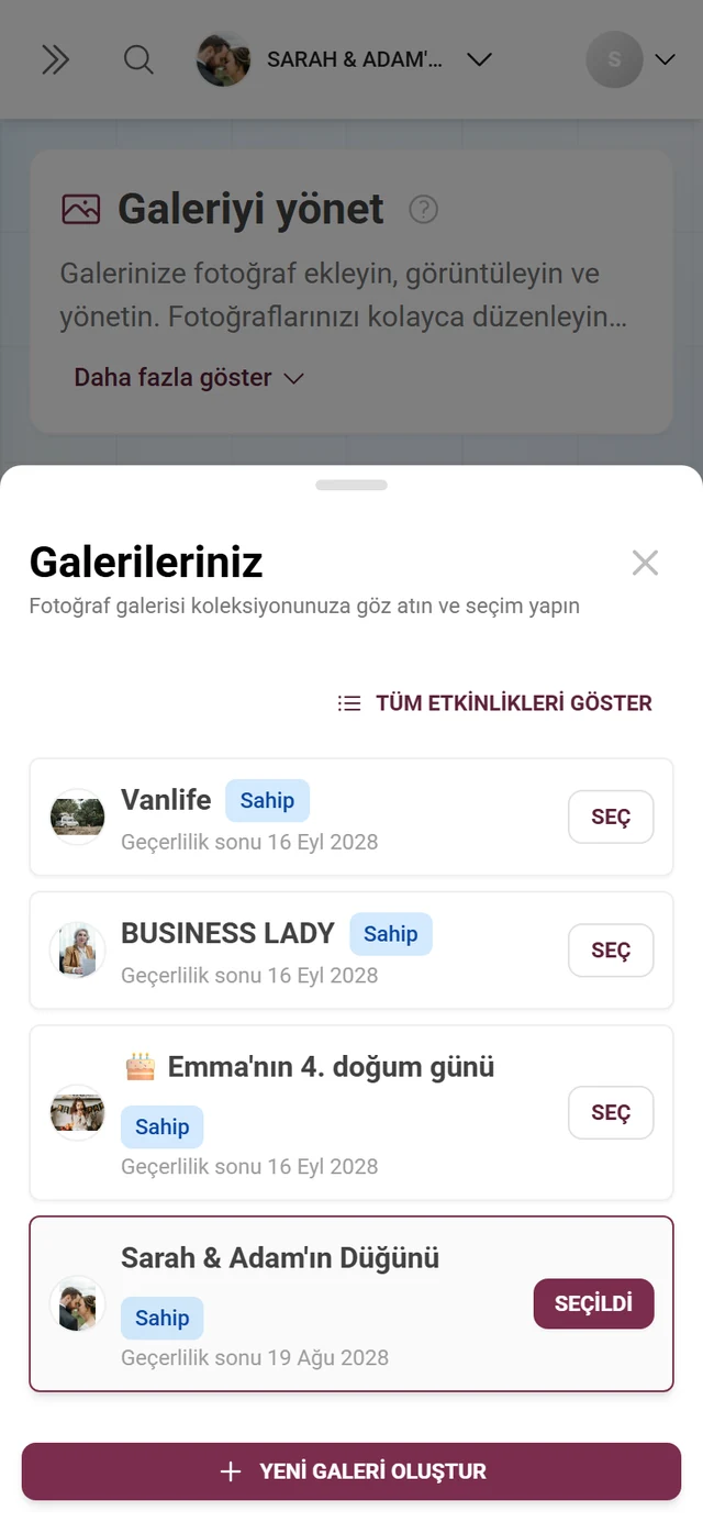 Bir galeri, Sahip rol rozeti ve Yeni galeri oluştur düğmesi bulunan Galerileriniz iletişim kutusu