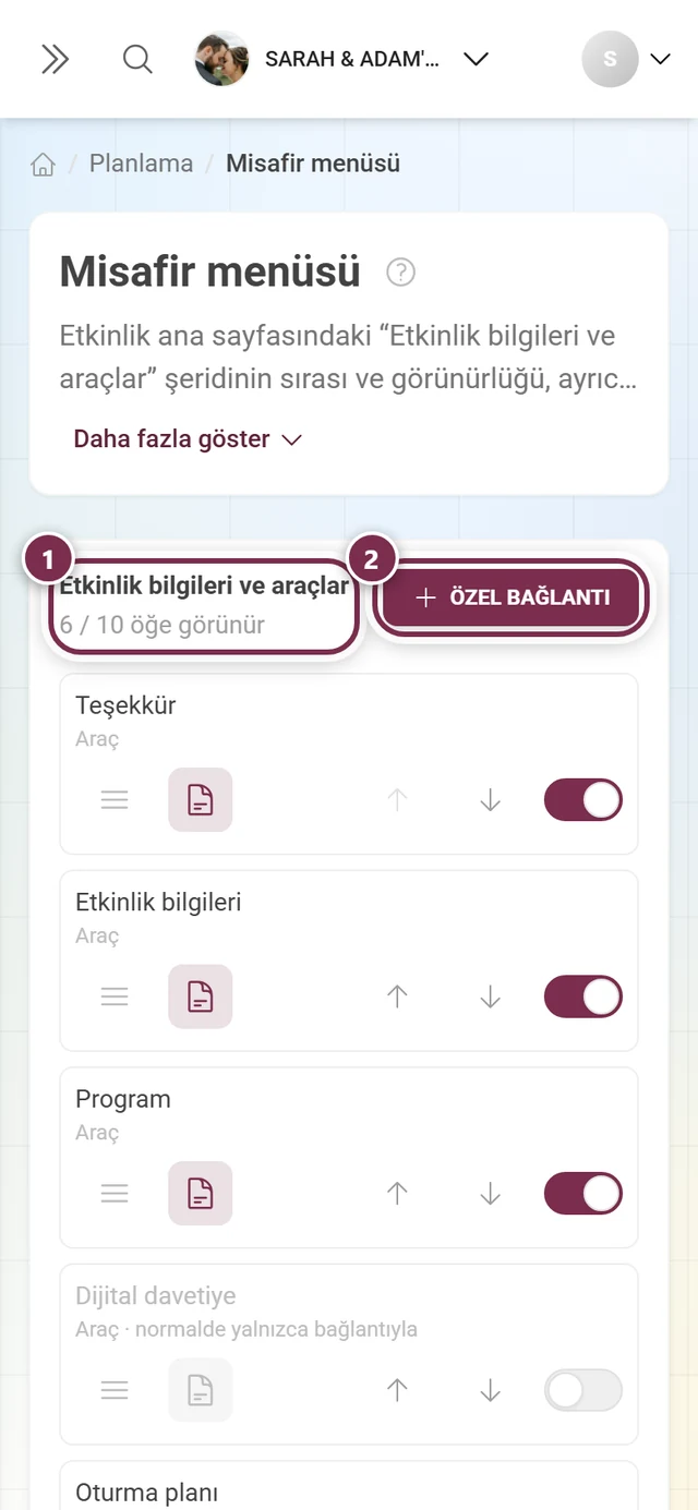 Başlık, sayaç, Özel bağlantı düğmesi ve sıralanabilir listeyle misafir menüsü düzenleyicisi