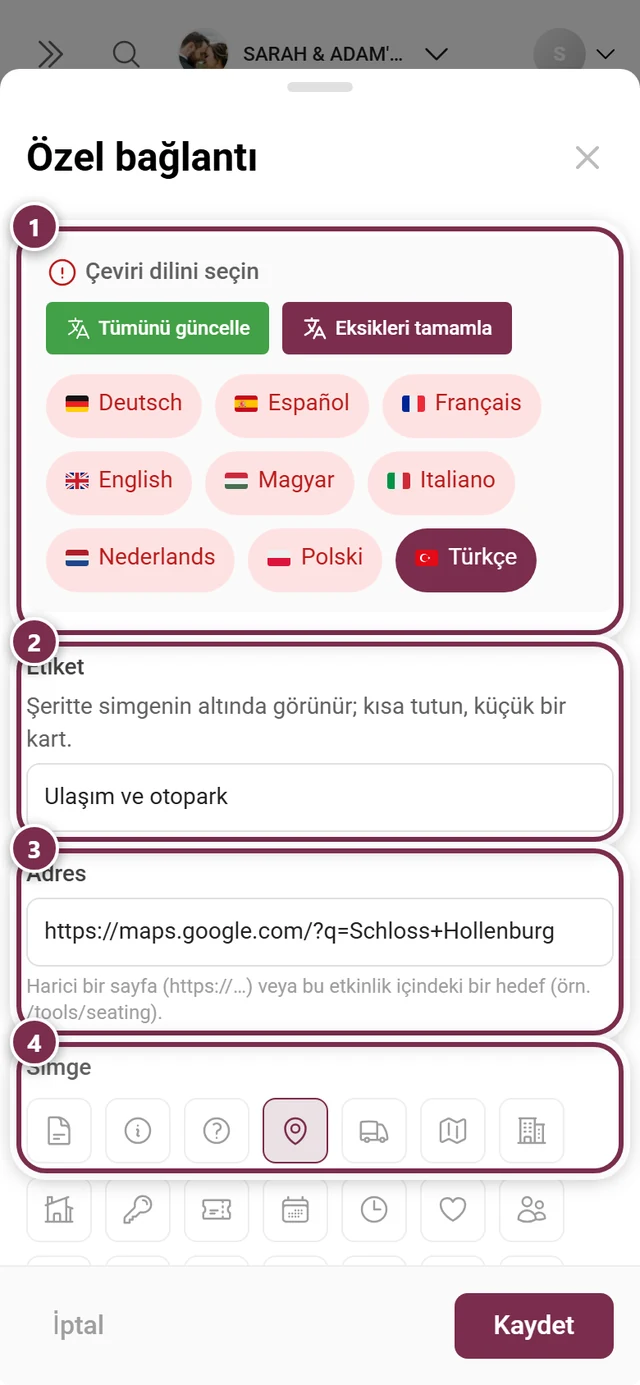 Çeviri dili, etiket, adres ve simge seçimiyle Özel bağlantı iletişim kutusu