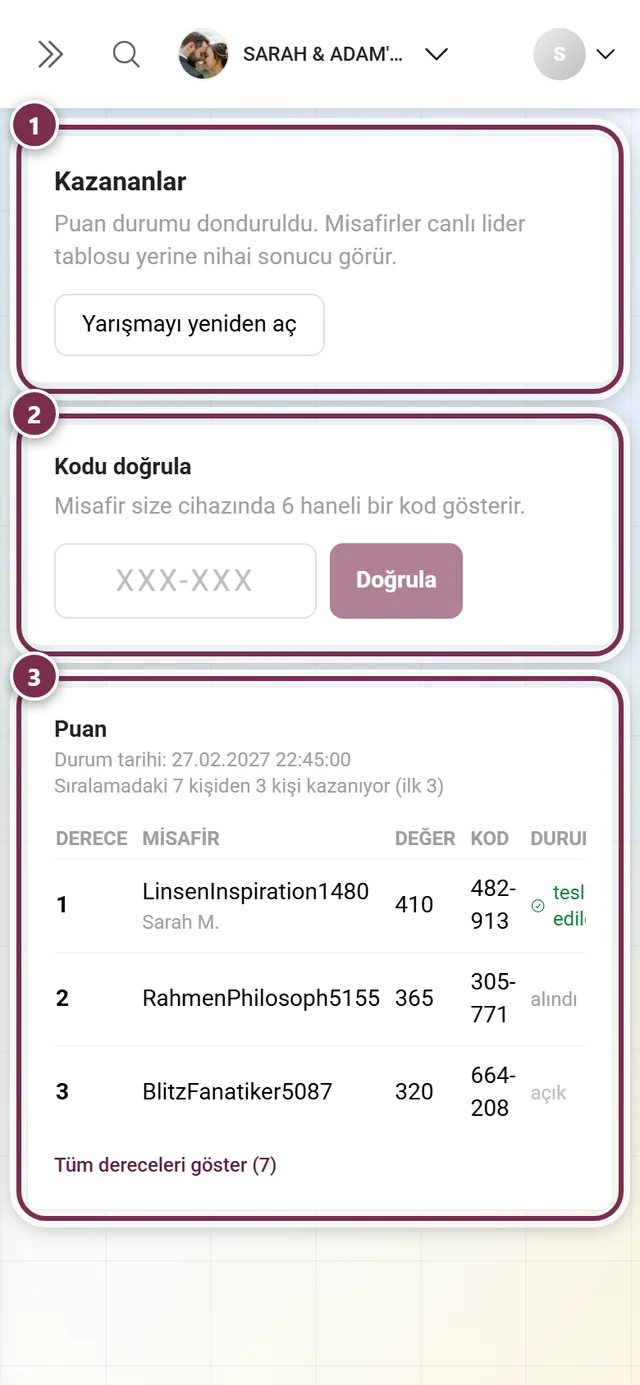 Kazananlar bloğu, Kodu doğrula alanı ve Puan sıralama tablosuyla Kazananlar sayfası