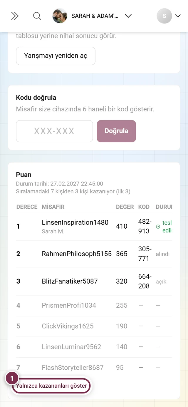 Yedi sıranın tümüyle kazananlar tablosu, dördüncü ile yedinci sıra kodsuz