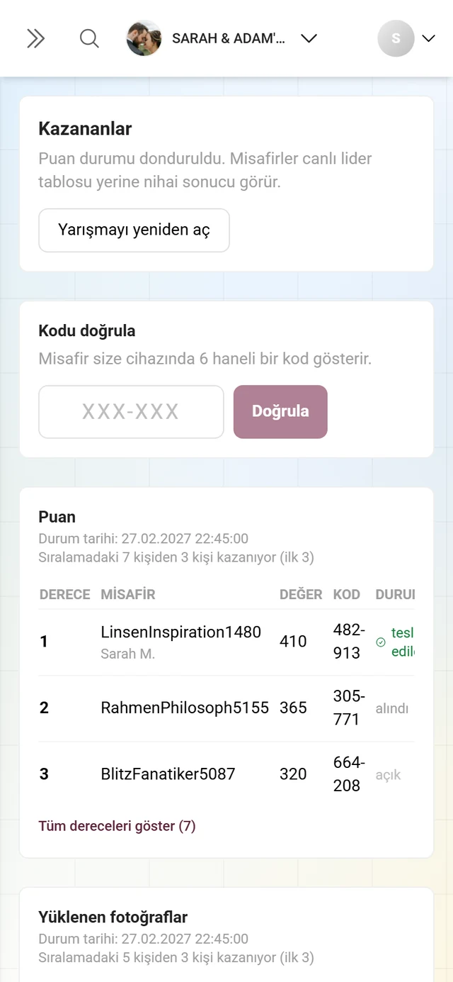 Alt alta iki tablo, Puan ve Yüklenen görseller, her biri kendi kazananlarıyla
