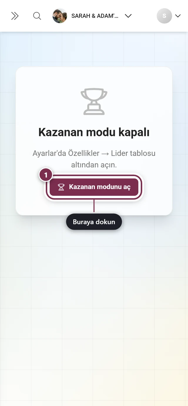 Kazanan modunu aç düğmesiyle Kazanan modu kapalı bildirimi