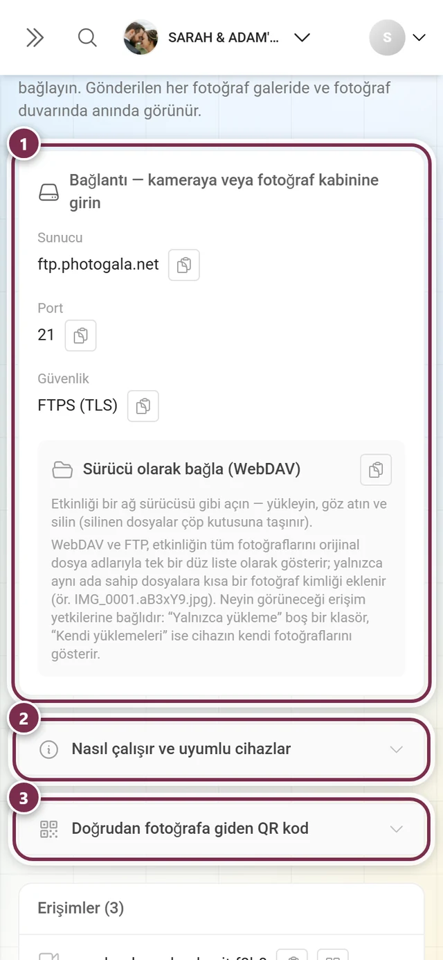 İşaretli bağlantı kartı ve iki açılır bölümle Canlı Yükleme sayfası