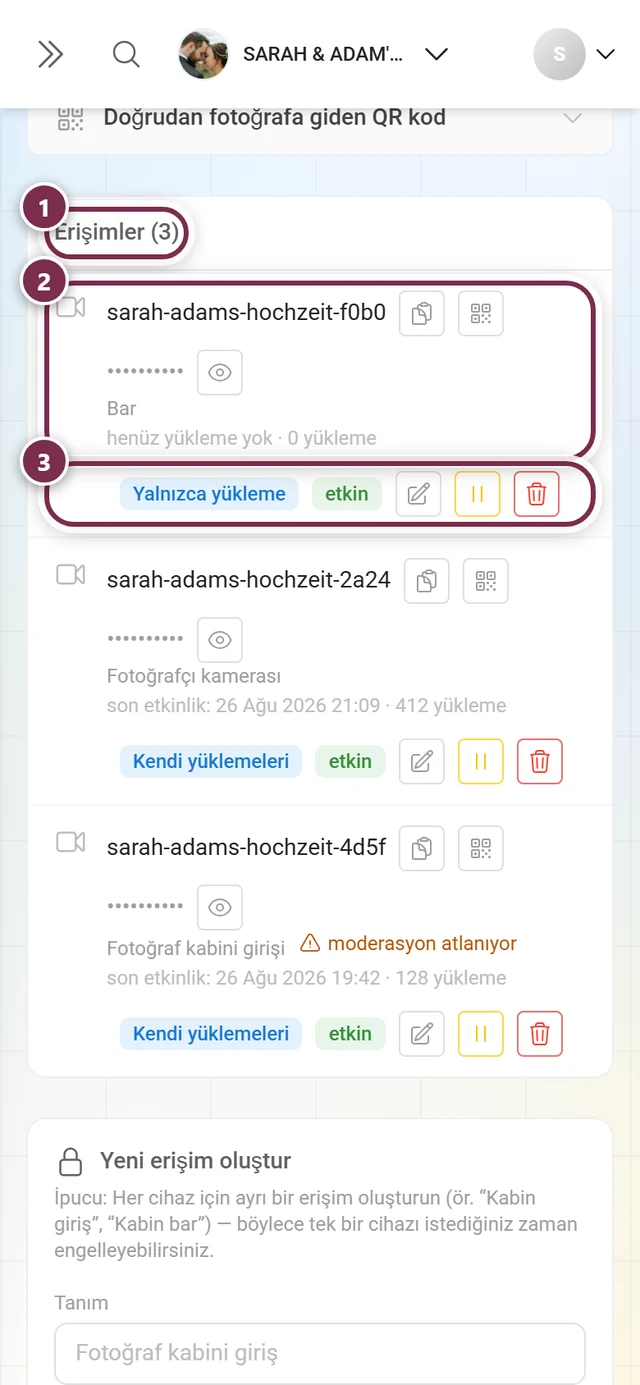 Başlığı ve bir satırı işaretlenmiş oluşturulan erişimler listesi