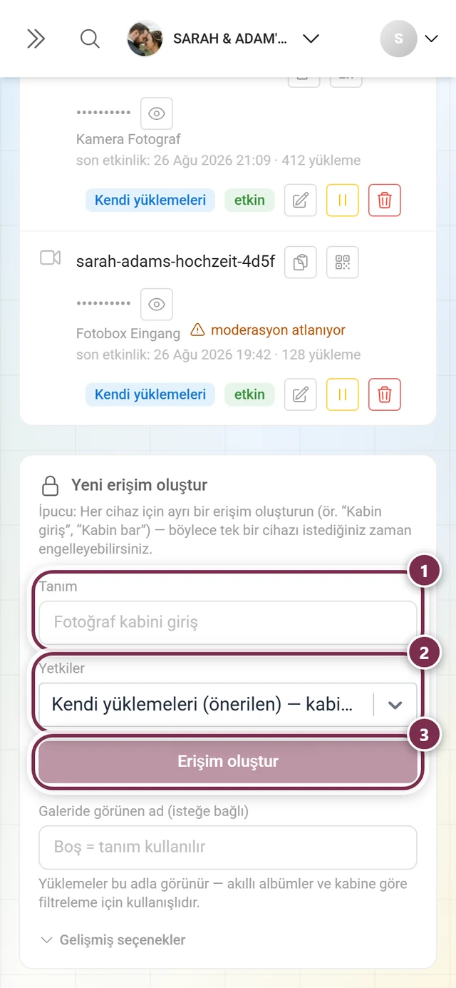 Etiket alanı, İzinler seçimi ve Erişim oluştur düğmesi işaretlenmiş Yeni erişim oluştur formu
