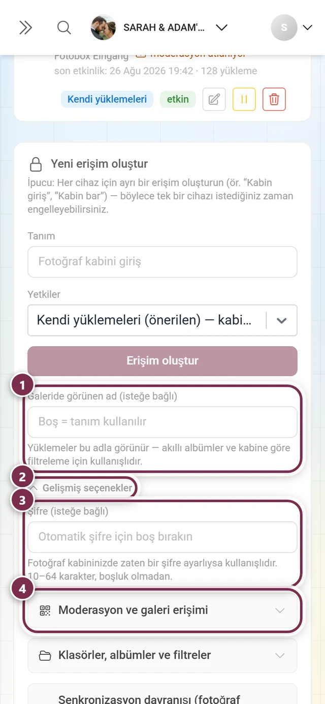 Görünen ad, Gelişmiş seçenekler açılır bölümü, şifre alanı ve ilk seçenek grubu işaretlenmiş yeni erişim formu