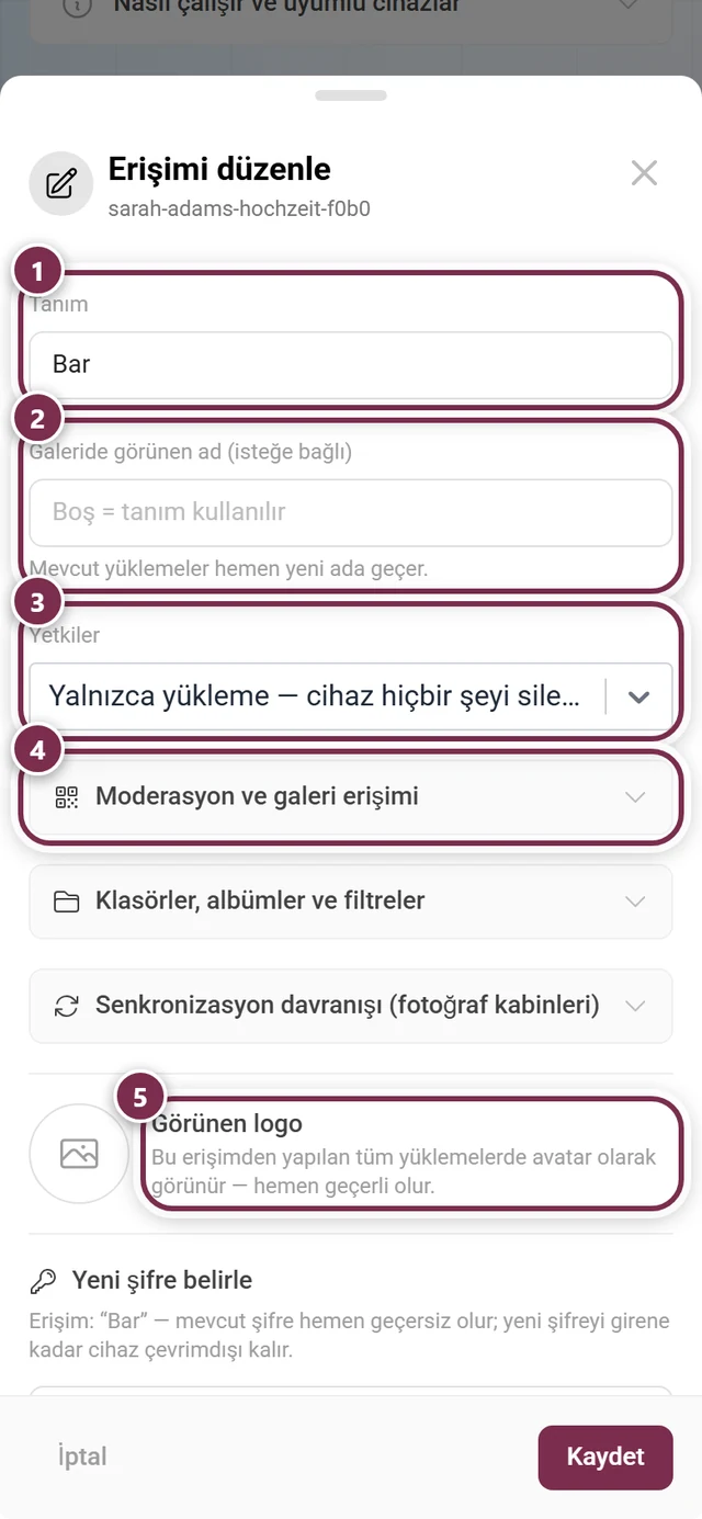 Etiket, görünen ad, izinler, üç seçenek grubu, görünen logo ve Yeni şifre belirle bölümüyle Erişimi düzenle iletişim kutusu