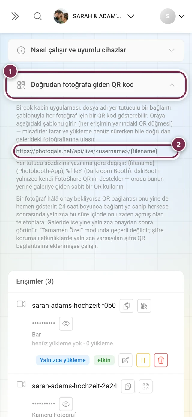 Bağlantı şablonu işaretlenmiş, açılmış Doğrudan fotoğrafa giden QR kod bölümü