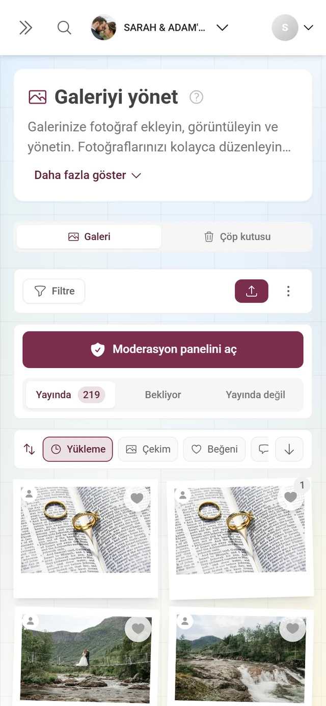 Sayfa sekmeleri, eylem çubuğu, moderasyon paneli, sıralama çubuğu ve fotoğraf ızgarasıyla Galeriyi yönet sayfası