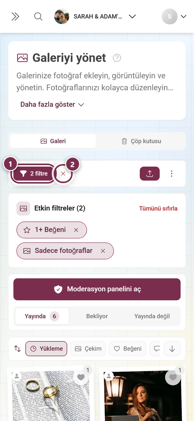 Sayıyı gösteren dolu filtre düğmesi ve yanında kırmızı X bulunan eylem çubuğu