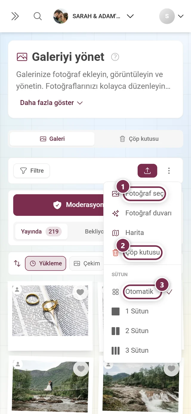 Fotoğraf seç, Fotoğraf duvarı, Harita, Çöp kutusu ve boyut seçenekleriyle telefonda açık üç nokta menüsü