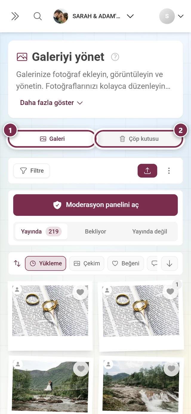 Galeri ve Çöp kutusu sekmeleri vurgulanmış sayfa sekme çubuğu