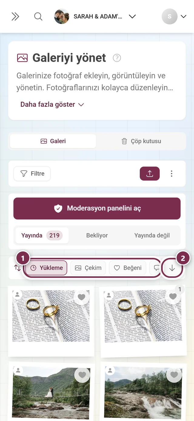 Vurgulanmış ölçütler ve vurgulanmış yön düğmesiyle sıralama çubuğu