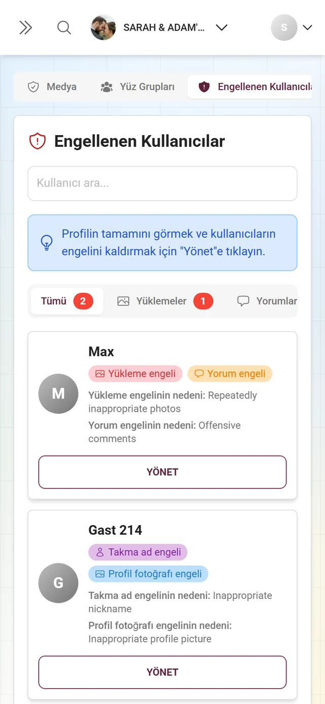 Beş filtre sekmesi ve iki kullanıcı kartıyla Engellenen kullanıcılar sekmesi