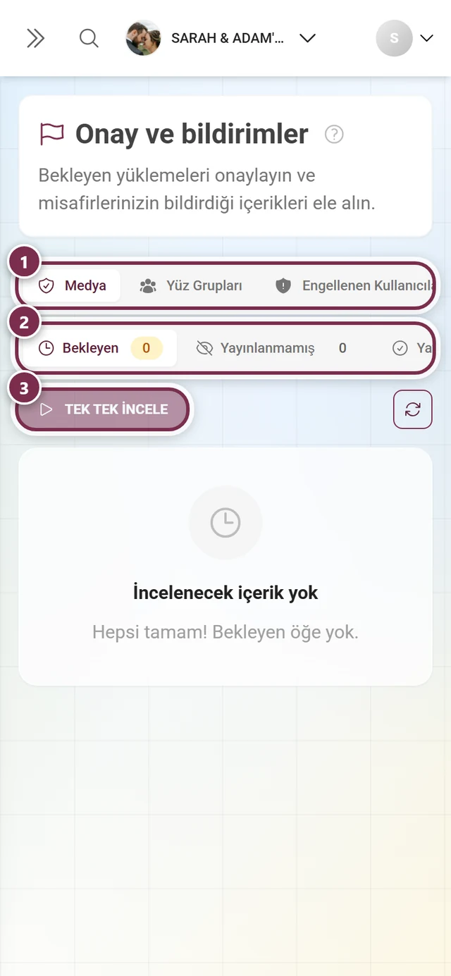 Medya, Engellenen kullanıcılar ve Şikâyetler sekmeleriyle yönetici panelindeki Onay ve şikâyetler sayfası