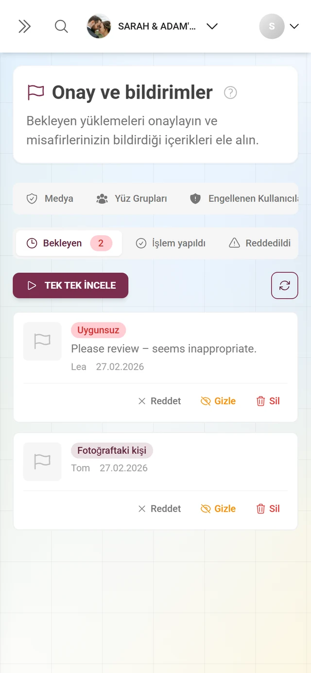 İki açık şikâyet, durum sekmeleri ve araç çubuğuyla moderasyondaki Şikâyetler sekmesi