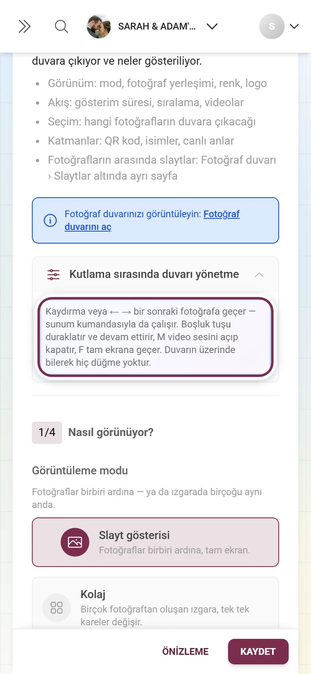 Tuş atamalarını gösteren, açılmış Parti sırasında duvarı kontrol etme bölümü