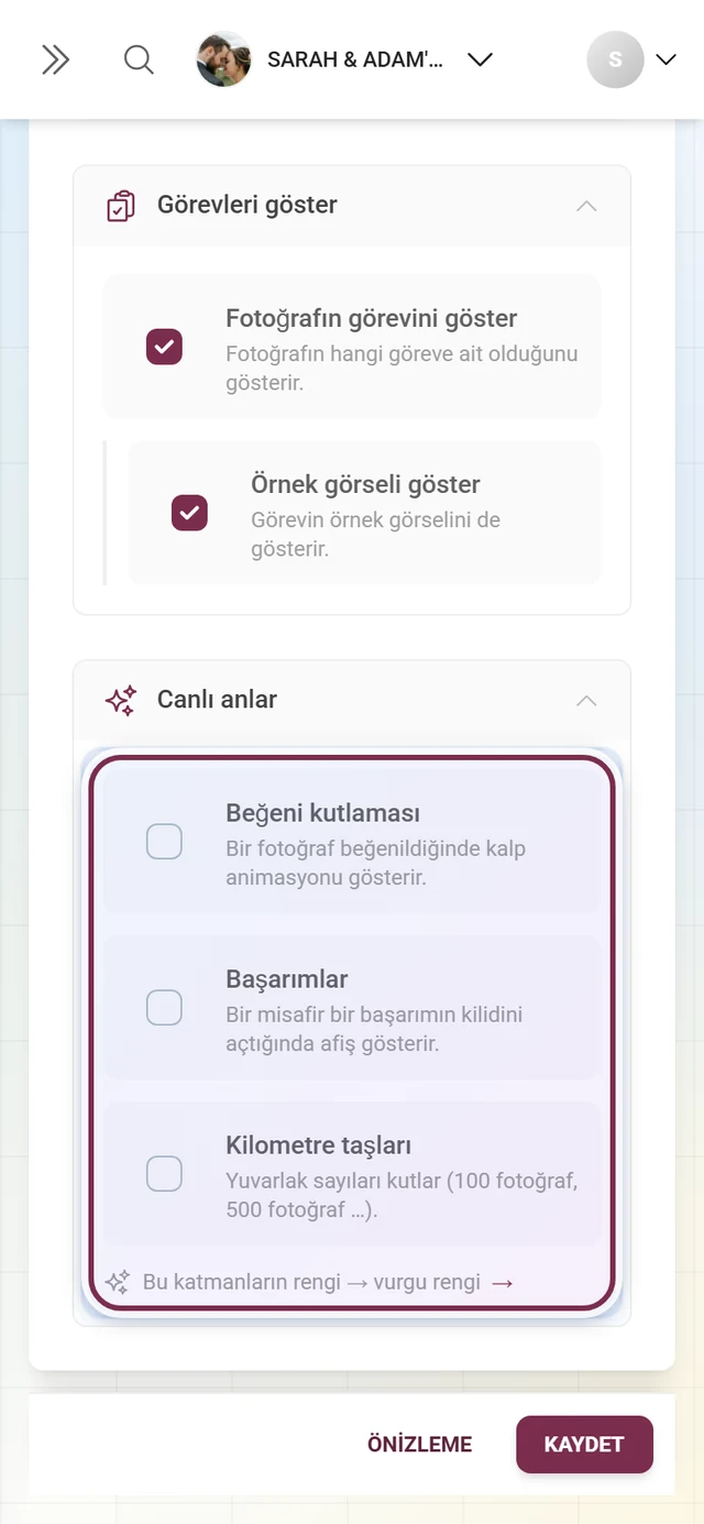 Beğeni kutlamaları, Başarımlar ve Kilometre taşları anahtarlarıyla açılmış Canlı anlar bölümü