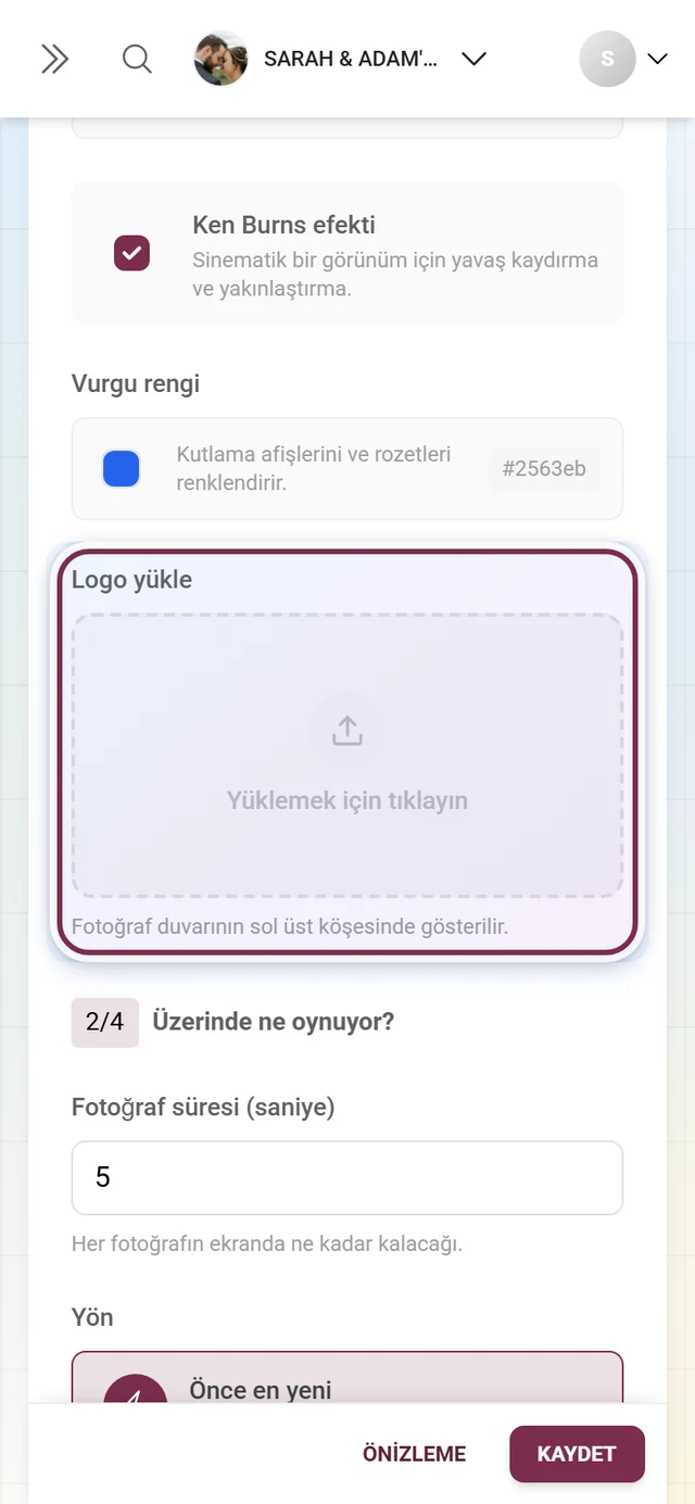 Fotoğraf duvarı ayarlarının 1. sorusundaki fotoğraf duvarı logosu yükleme alanı