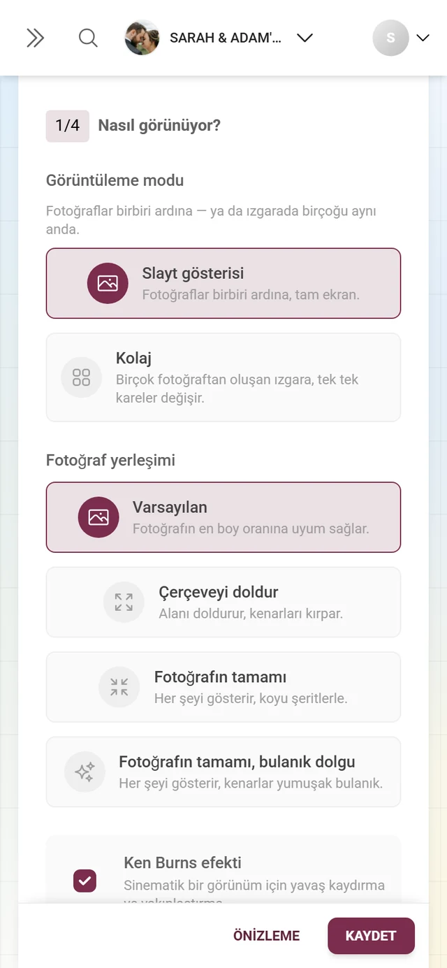 Görüntüleme modu ve fotoğraf sığdırma ile Bölüm 1/4 Nasıl görünüyor