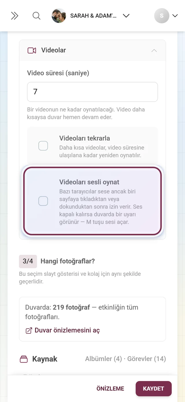Videoları sesli oynat anahtarı vurgulanmış, açılmış Videolar bölümü