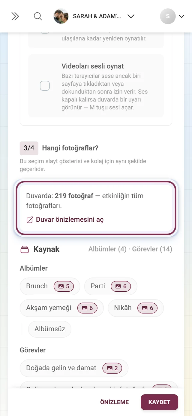 Duvarda satırını ve etkin kısıtlamaları gösteren Hangi fotoğraflar sorusunun başlığı