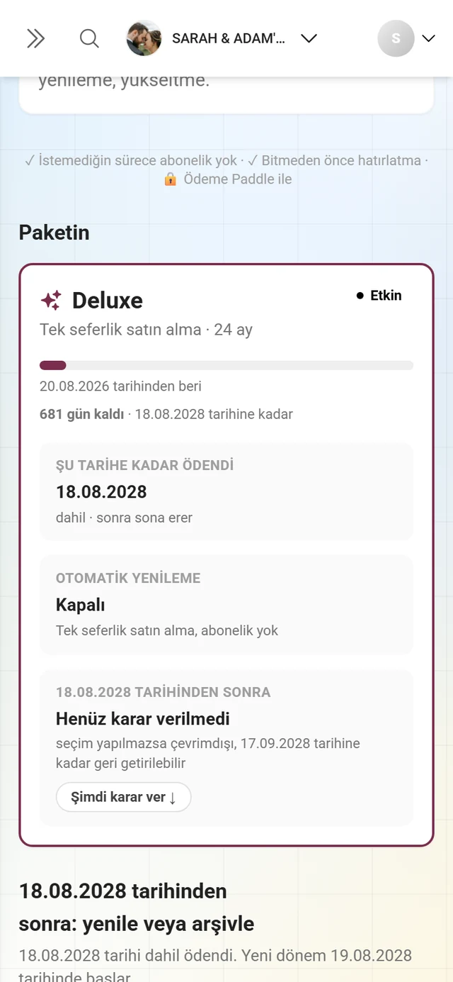 Paket adı, Etkin etiketi, süre çubuğu ve Şu tarihe kadar ödendi, Otomatik yenileme ve tarihten sonra kutucuklarıyla Paketin kartı