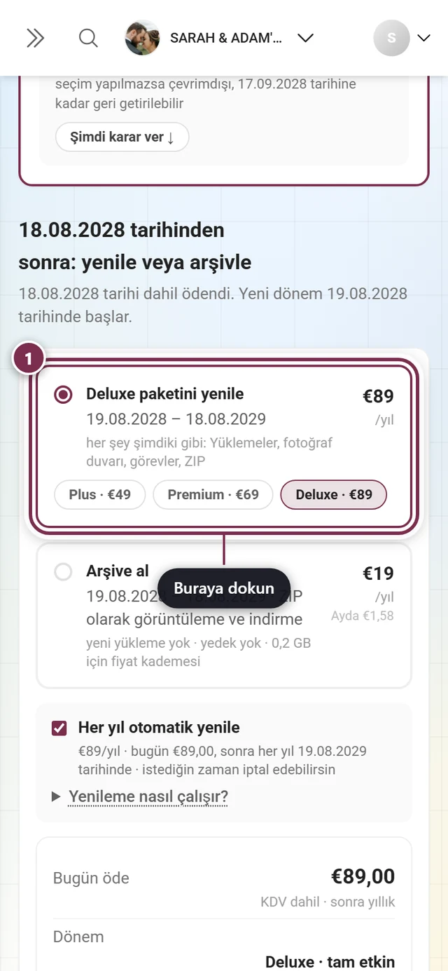 Paketini yenile kutucuğu seçili, özet ve Ödemeye geç düğmesiyle tarihten sonra: yenile veya arşivle bölümü