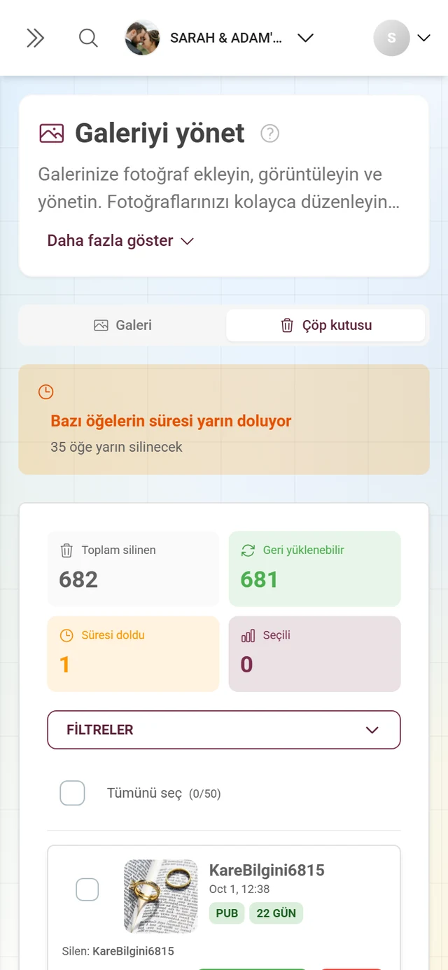 İstatistik kutucukları ve silinen fotoğrafların listesiyle çöp kutusu görünümü