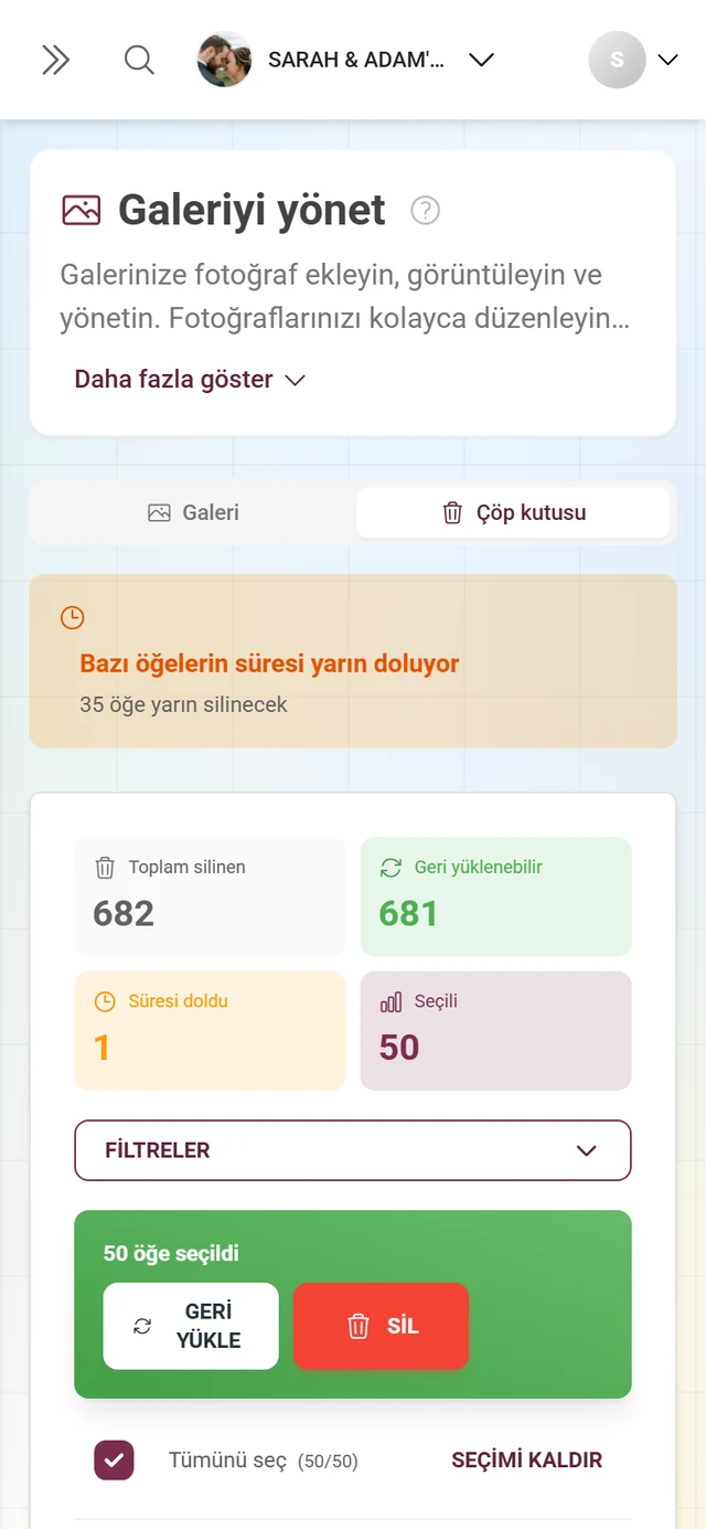 Bir öğesi işaretlenmiş çöp kutusu ve Birden fazla geri yükle ile Birden fazla sil içeren yeşil işlem çubuğu