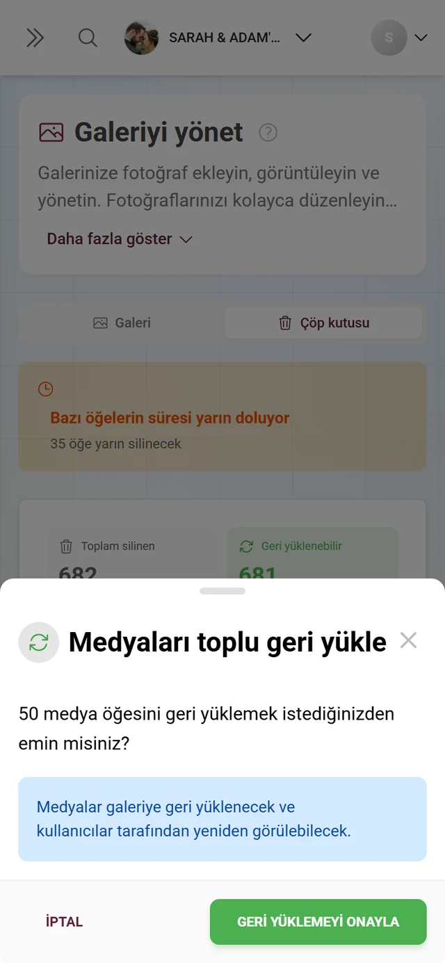 Sayı ve mavi bilgi kutusuyla Medyayı toplu geri yükle diyaloğu
