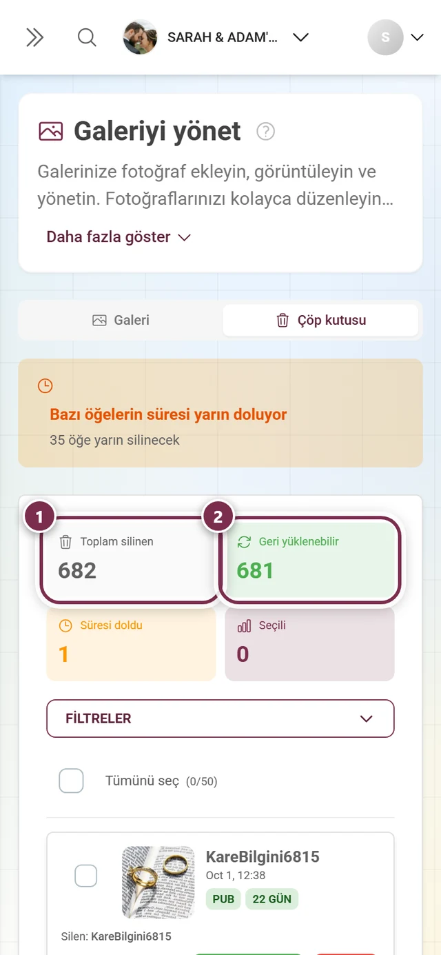 Toplam silinen ve Geri yüklenebilir işaretlenmiş çöp kutusu istatistik kutucukları