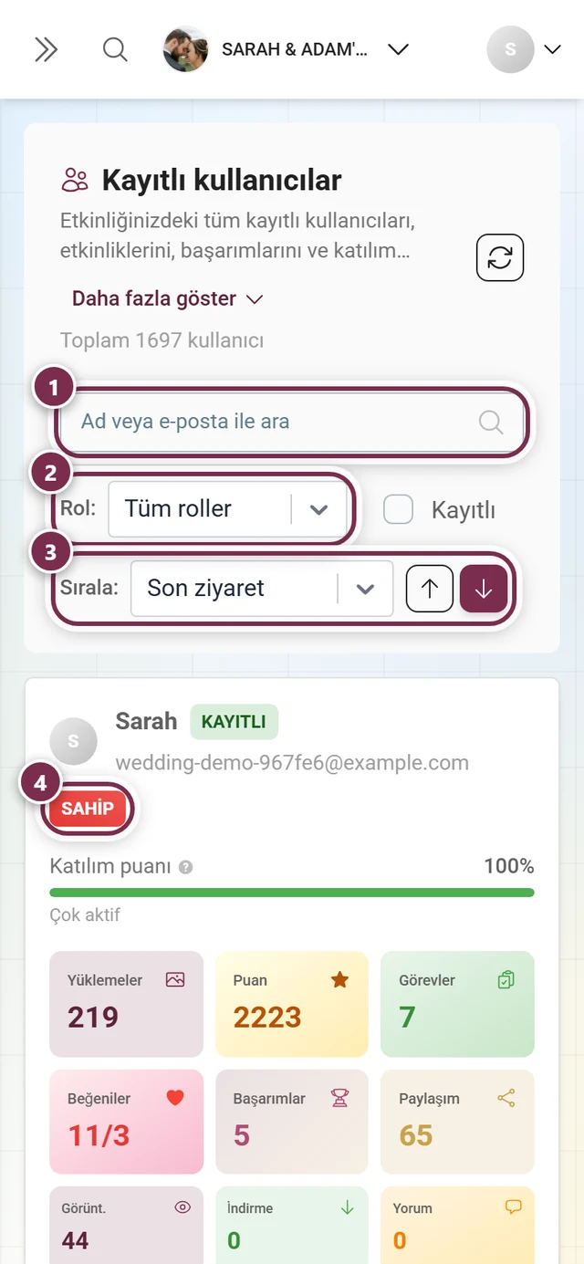 Arama alanı, rol filtresi, sıralama ve bir kartın rol etiketi vurgulanmış, kartlar halinde katılımcı listesi
