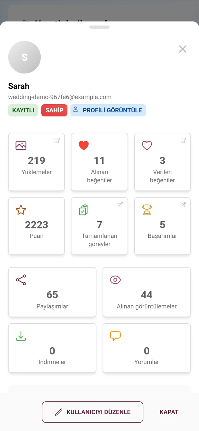Ölçüm kutucukları, yükleme özeti ve katılım çubuğu içeren bir kullanıcının ayrıntı penceresi