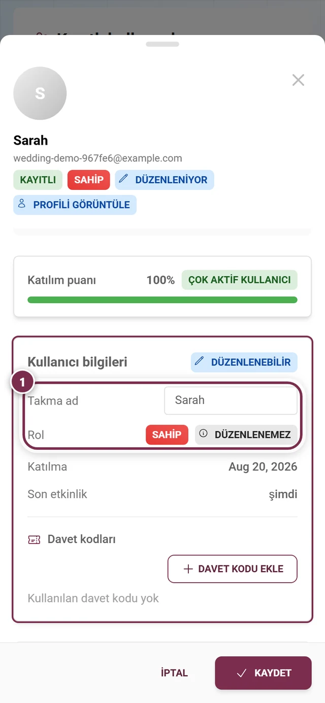 Rol satırı vurgulanmış, düzenleme modunda katılımcı ayrıntı penceresi