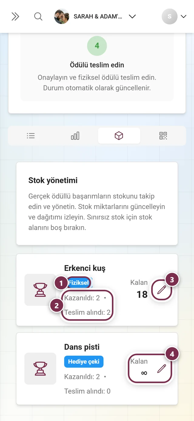 Ödül türü etiketi, sayaçlar, kalem simgesi ve sınırsız stok vurgulanmış Stok sekmesi