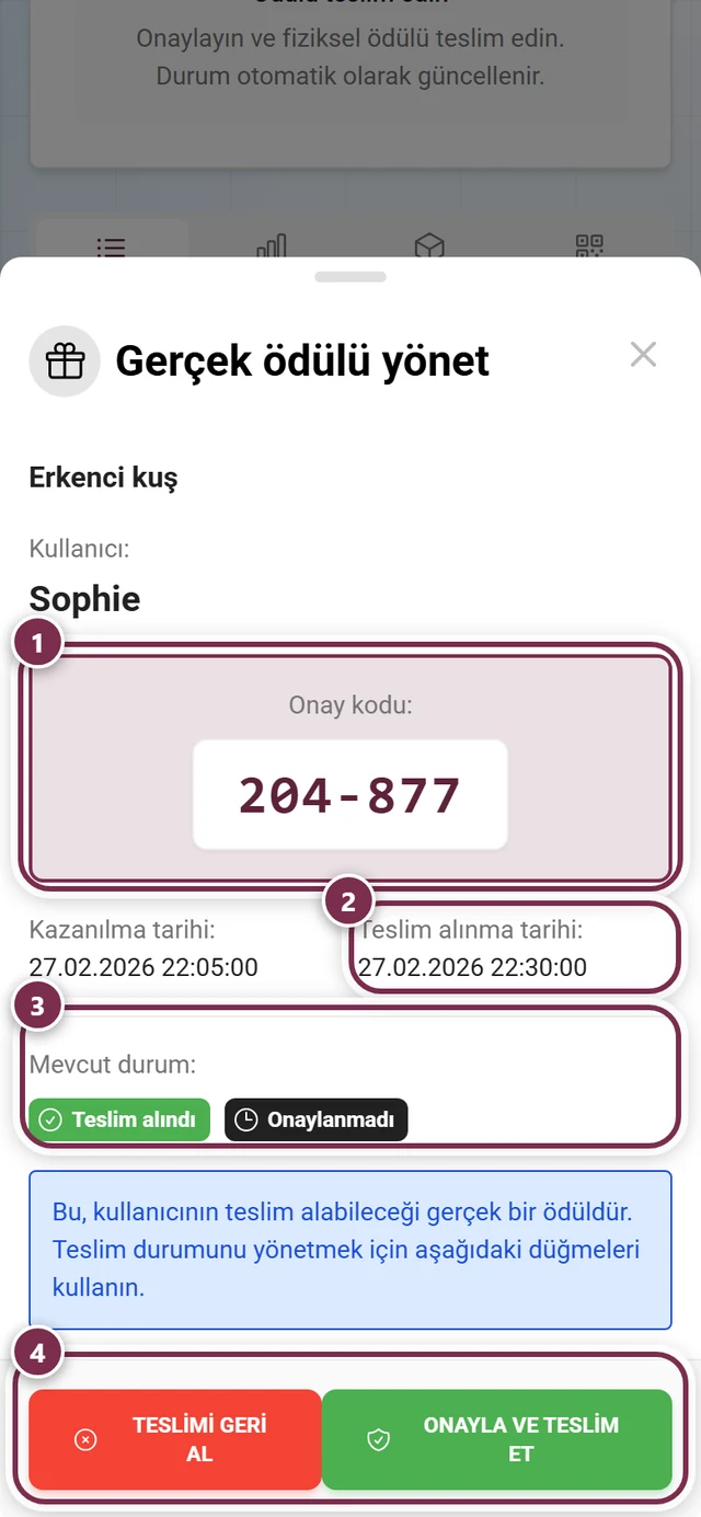 Kod, talep tarihi, durum etiketleri ve iki düğmesi vurgulanmış Gerçek ödülü yönet penceresi