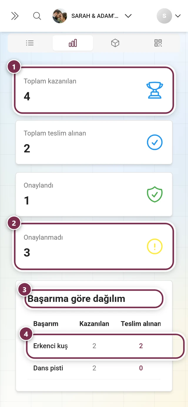 Dört özet kartı ve Başarıma göre döküm tablosuyla İstatistikler sekmesi