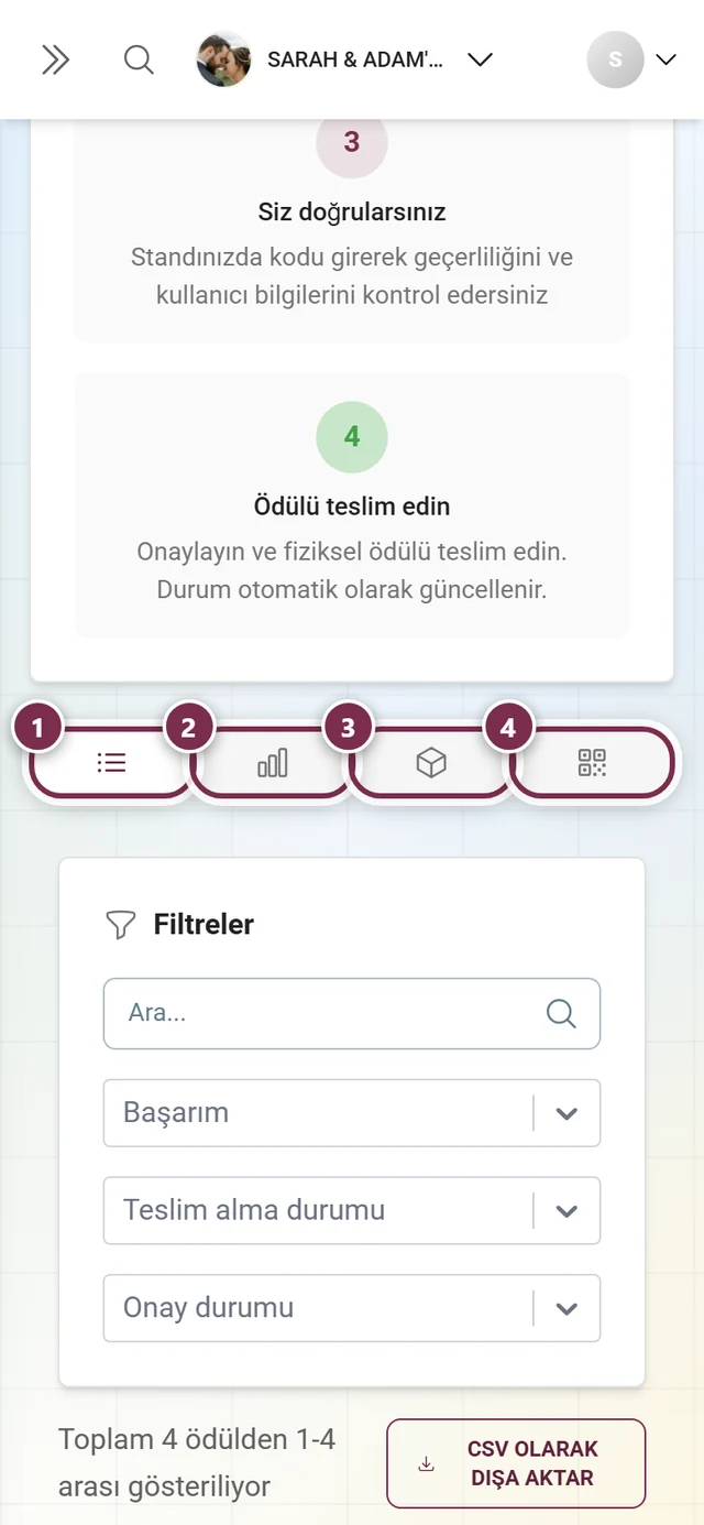 Gerçek ödüller sayfasının dört sekmesi tek tek vurgulanmış
