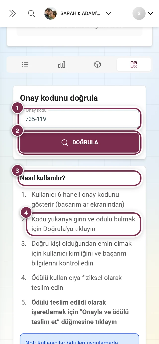 Girilmiş bir kod, giriş alanı, Doğrula düğmesi ve talimatlar vurgulanmış Kodu doğrula sekmesi