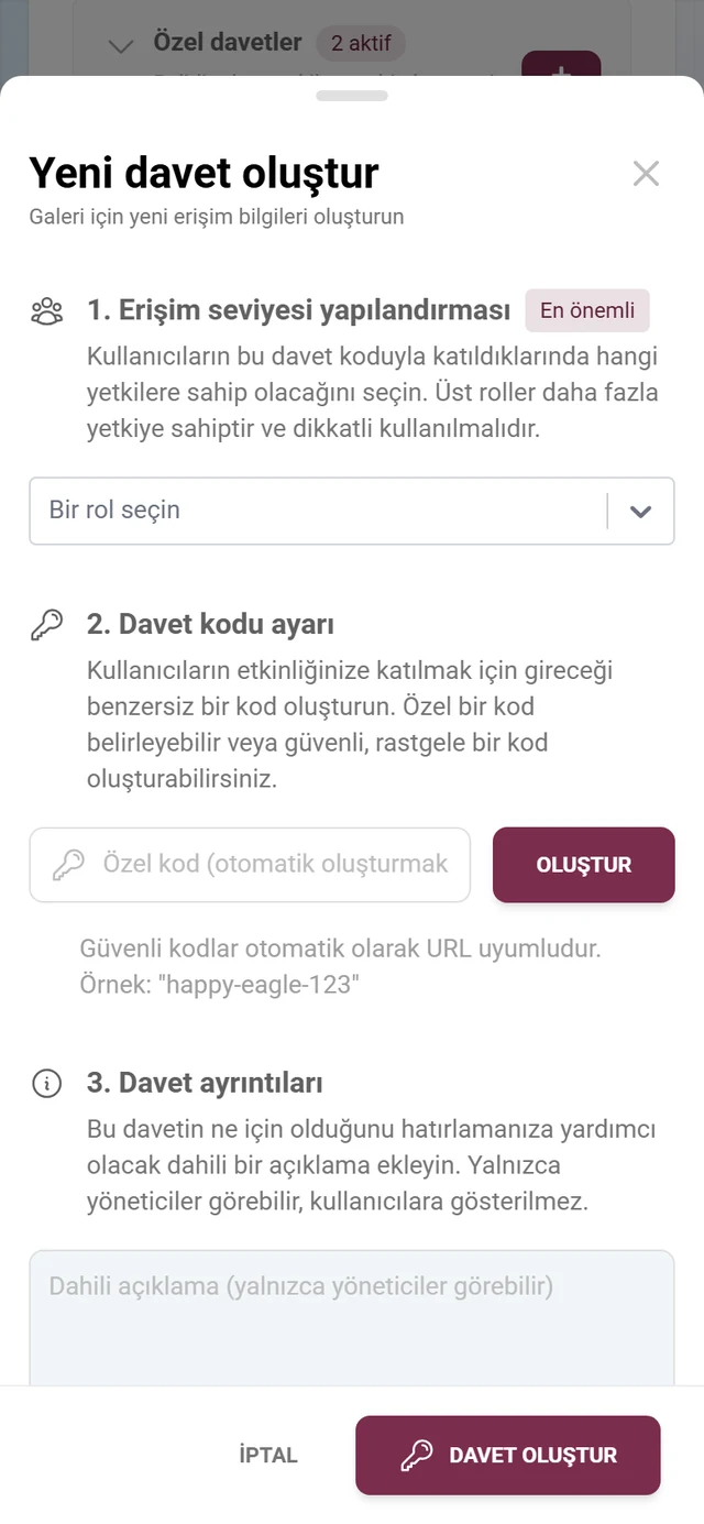 Rol seçimi ve davet koduyla davet oluşturma penceresi